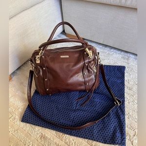Rebecca Minkoff Cupid Satchel handbag in brown leather with gold hardware